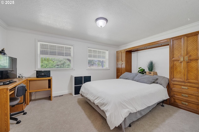 9065 Trask River Rd, Tillamook, OR 97141 - bedroom featuring ornamental molding, light colored carpet, a textured ceiling, and a desk