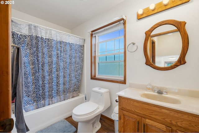 9065 Trask River Rd, Tillamook, OR 97141 - full bathroom with vanity, shower / bath combination with curtain, and wood finished floors