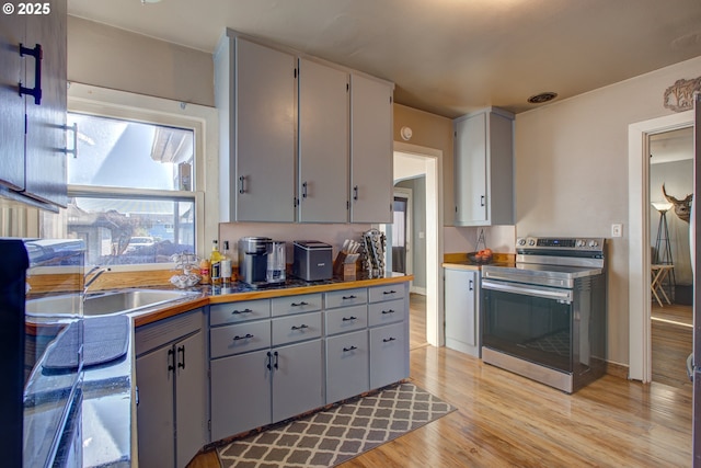 kitchen with wood counters, sink, gray cabinets, electric range, and light hardwood / wood-style flooring