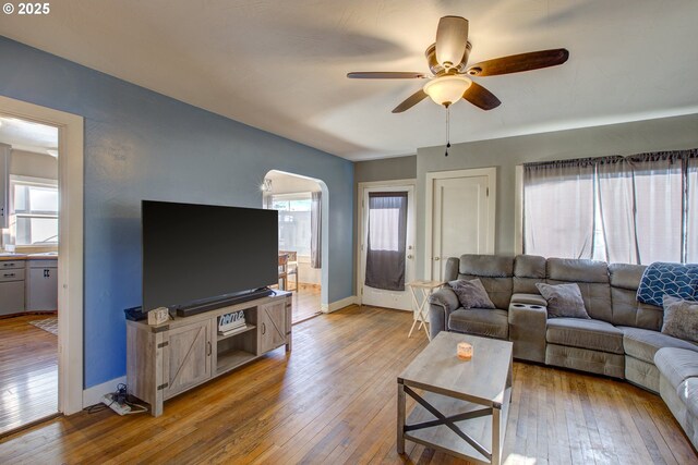 living room with light hardwood / wood-style floors and ceiling fan