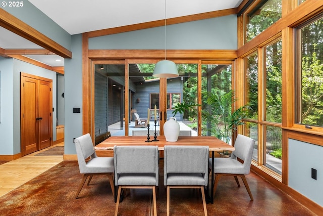sunroom featuring lofted ceiling, wood finished floors, and baseboards