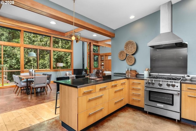 kitchen featuring high end stove, ventilation hood, beamed ceiling, recessed lighting, and light brown cabinets
