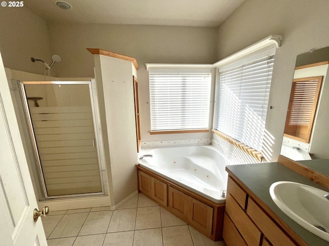 9949 Geneva View Rd, Terrebonne, OR 97760 - full bathroom with tile patterned flooring, a stall shower, a jetted tub, and vanity