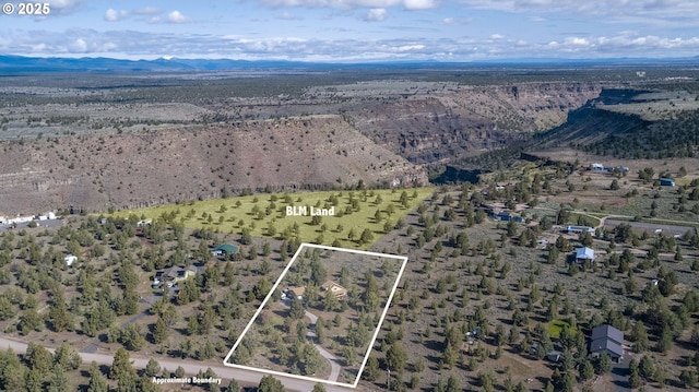 9949 Geneva View Rd, Terrebonne, OR 97760 - aerial view of sparsely populated area with property parcel outlined and a mountain backdrop