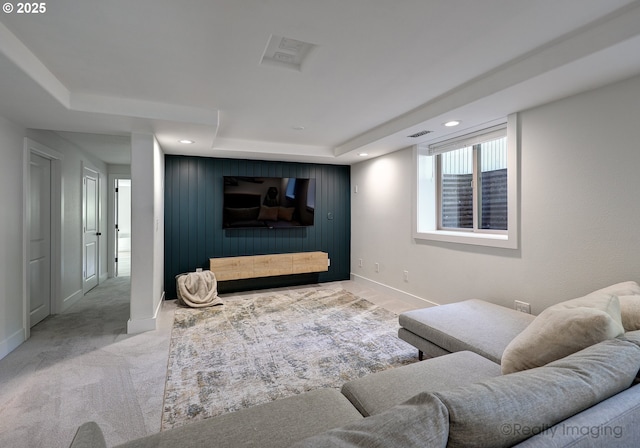 10262 SE 99th Dr, Happy Valley, OR 97086 - carpeted living area with baseboards, a tray ceiling, and recessed lighting