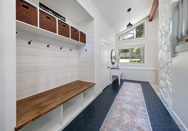 10262 SE 99th Dr, Happy Valley, OR 97086 - mudroom featuring high vaulted ceiling and brick patterned flooring