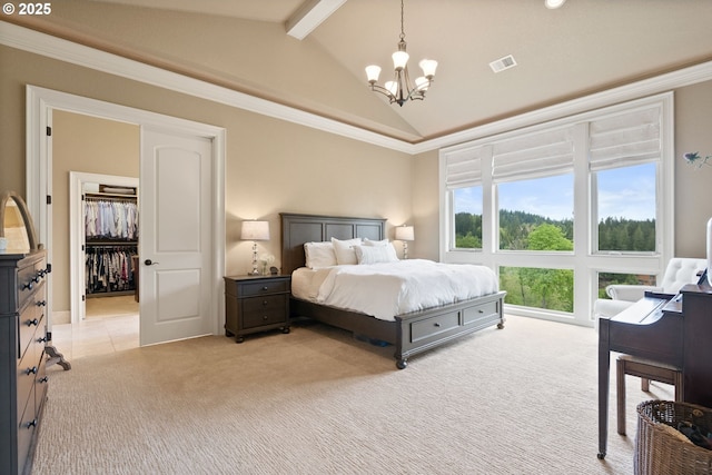 4640 SE Honors Dr, Gresham, OR 97080 - bedroom featuring a chandelier, light colored carpet, beamed ceiling, ornamental molding, and high vaulted ceiling