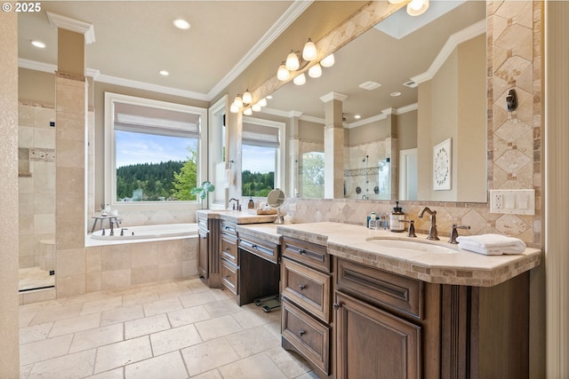 4640 SE Honors Dr, Gresham, OR 97080 - full bath featuring vanity, a garden tub, a tile shower, recessed lighting, and crown molding