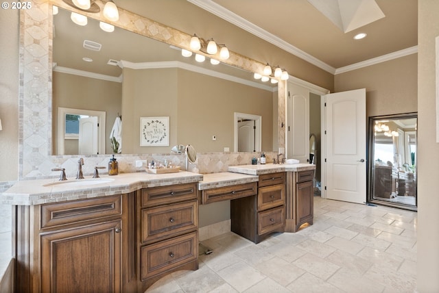 4640 SE Honors Dr, Gresham, OR 97080 - bathroom with double vanity, a skylight, crown molding, recessed lighting, and tasteful backsplash