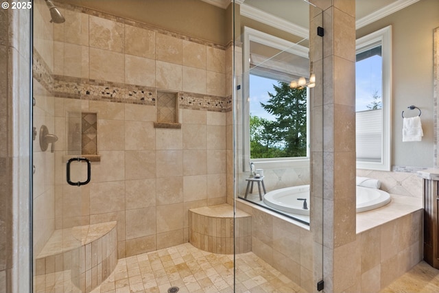 4640 SE Honors Dr, Gresham, OR 97080 - bathroom with ornamental molding, a stall shower, a bath, and tile patterned flooring