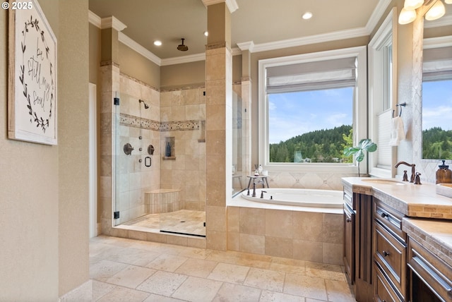 4640 SE Honors Dr, Gresham, OR 97080 - bathroom with a garden tub, tiled shower, healthy amount of natural light, vanity, and recessed lighting