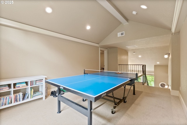 4640 SE Honors Dr, Gresham, OR 97080 - recreation room featuring carpet floors, beamed ceiling, baseboards, recessed lighting, and high vaulted ceiling