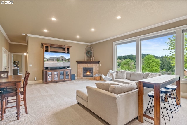 4640 SE Honors Dr, Gresham, OR 97080 - living area with light carpet, recessed lighting, crown molding, baseboards, and a tiled fireplace