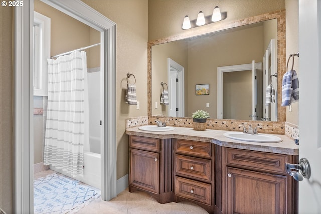 4640 SE Honors Dr, Gresham, OR 97080 - bathroom with tile patterned flooring, double vanity, and shower / bath combo with shower curtain