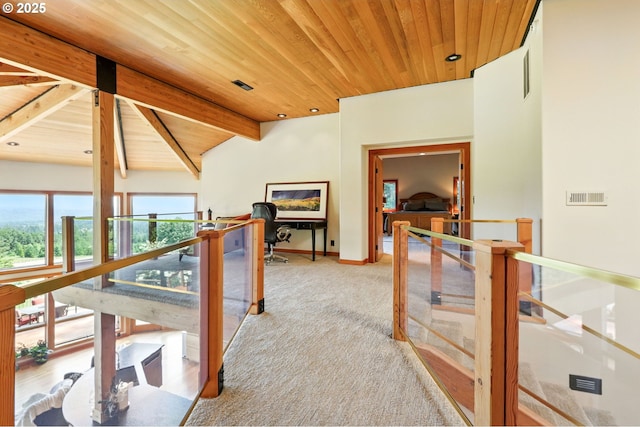 38617 SE Nichols Hill Rd, Washougal, WA 98671 - corridor with wooden ceiling, an upstairs landing, and carpet flooring