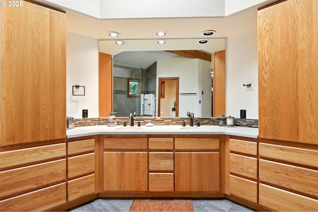 38617 SE Nichols Hill Rd, Washougal, WA 98671 - full bathroom featuring double vanity, a shower with shower door, and recessed lighting