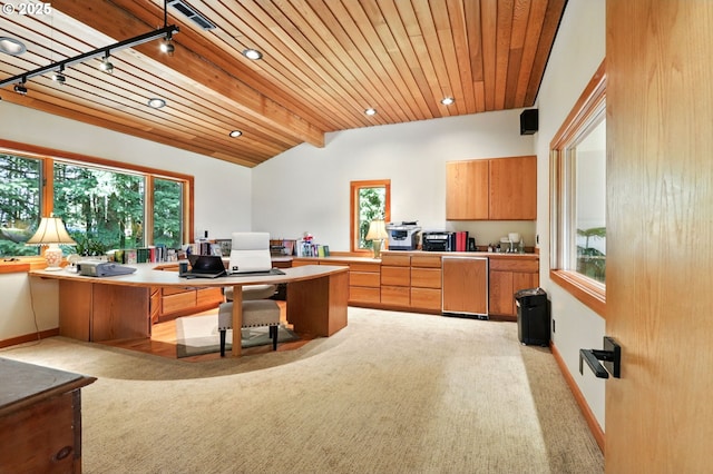 38617 SE Nichols Hill Rd, Washougal, WA 98671 - office with light carpet, healthy amount of natural light, recessed lighting, wood ceiling, and rail lighting