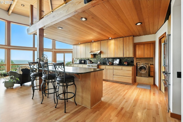 38617 SE Nichols Hill Rd, Washougal, WA 98671 - kitchen featuring washer / dryer, under cabinet range hood, dark countertops, light wood-style floors, and tasteful backsplash