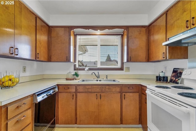 861 Dietz Ave NE, Keizer, OR 97303 - kitchen with white electric range oven, black dishwasher, under cabinet range hood, light countertops, and brown cabinets
