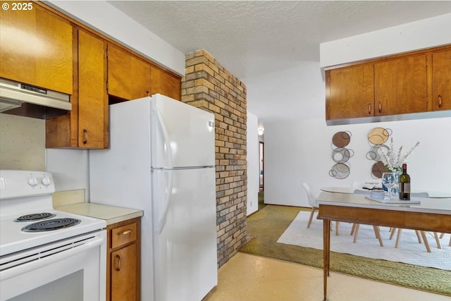 861 Dietz Ave NE, Keizer, OR 97303 - kitchen featuring white appliances, brown cabinets, light countertops, extractor fan, and a textured ceiling