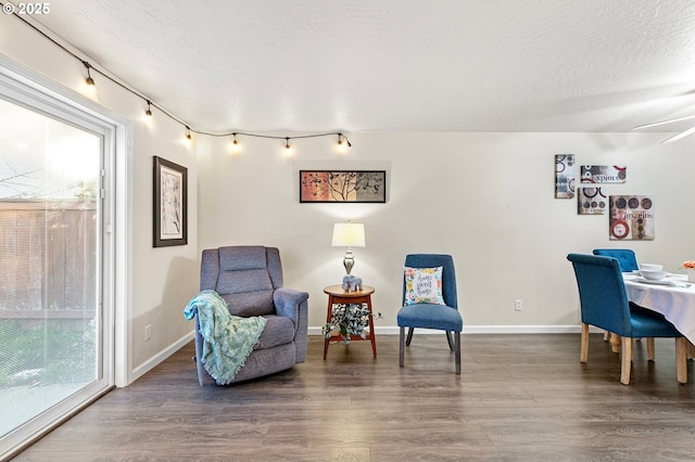 living area featuring hardwood / wood-style flooring and a textured ceiling