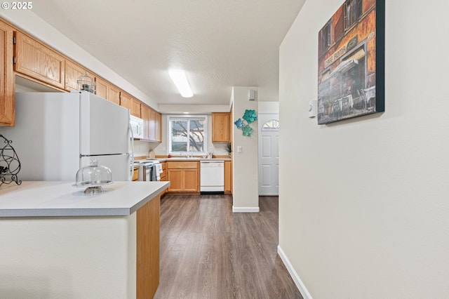 kitchen featuring white appliances, dark hardwood / wood-style flooring, sink, and a textured ceiling