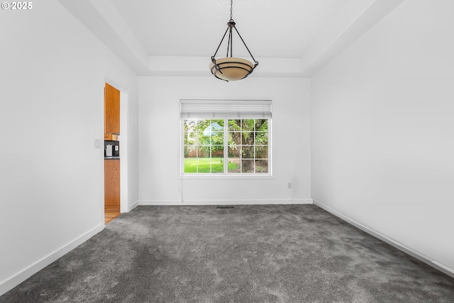 carpeted spare room featuring baseboards and a raised ceiling