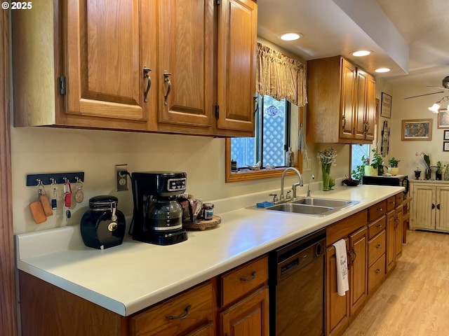 54824 Robinson Rd, Coquille, OR 97423 - kitchen featuring dishwasher, a sink, brown cabinetry, light countertops, and recessed lighting