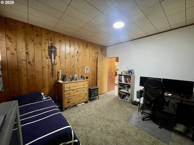 54824 Robinson Rd, Coquille, OR 97423 - carpeted bedroom featuring an office area and wooden walls