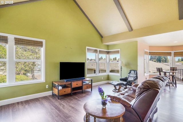 80 Sweden Cir, Silverton, OR 97381 - living room with high vaulted ceiling, wood finished floors, and beamed ceiling