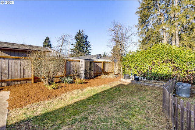 view of yard featuring a storage unit