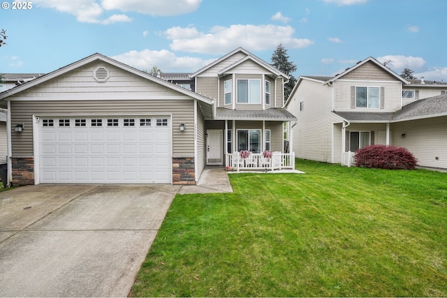 12711 NE 49th Way, Vancouver, WA 98682 - traditional-style house featuring covered porch, an attached garage, driveway, a front yard, and stone siding