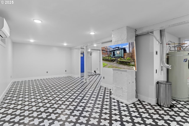 finished basement featuring baseboards, water heater, recessed lighting, tile patterned floors, and a wall mounted AC