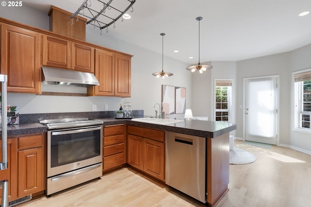 2452 NW Pettygrove St, Portland, OR 97210 - kitchen featuring a sink, under cabinet range hood, light wood-type flooring, a peninsula, and appliances with stainless steel finishes