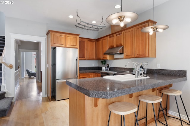 2452 NW Pettygrove St, Portland, OR 97210 - kitchen featuring stainless steel appliances, light wood-style floors, under cabinet range hood, a sink, and a peninsula