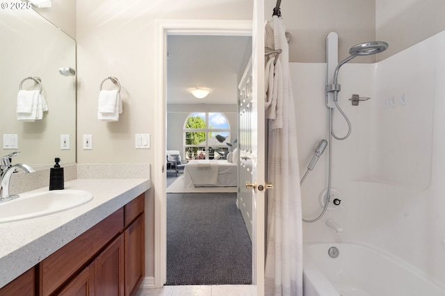 2452 NW Pettygrove St, Portland, OR 97210 - full bathroom featuring tile patterned flooring, shower / bathtub combination with curtain, vanity, and ensuite bathroom