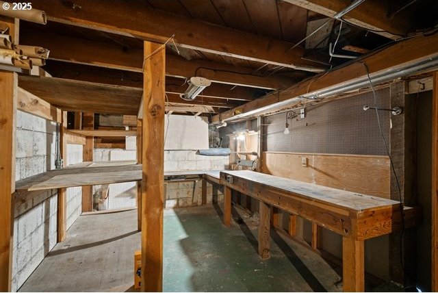 unfinished below grade area featuring a workshop area