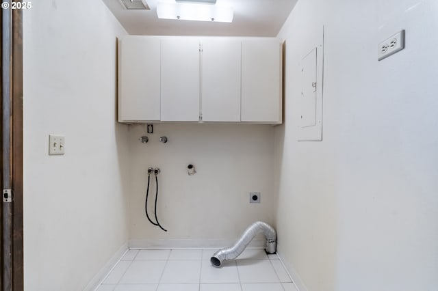 224 N Hayden Bay Dr, Portland, OR 97217 - laundry room featuring cabinet space, electric dryer hookup, electric panel, light tile patterned floors, and hookup for a gas dryer