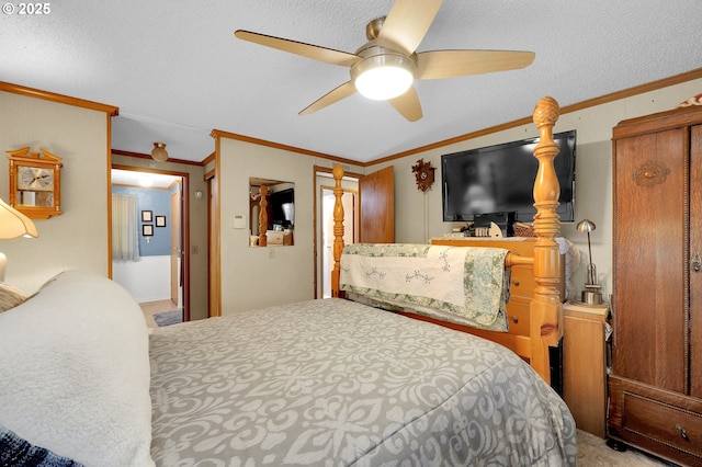 39028 Dexter Rd, Dexter, OR 97431 - bedroom with carpet flooring, a textured ceiling, ceiling fan, and ornamental molding