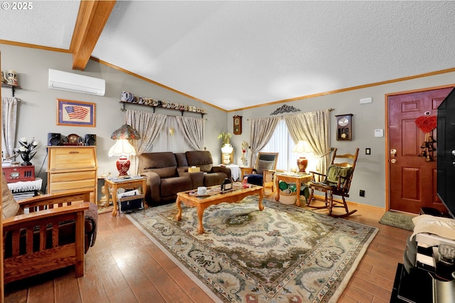39028 Dexter Rd, Dexter, OR 97431 - living room with vaulted ceiling with beams, ornamental molding, a wall unit AC, and wood finished floors