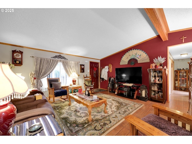 living room featuring crown molding, a textured ceiling, vaulted ceiling with beams, and hardwood / wood-style flooring