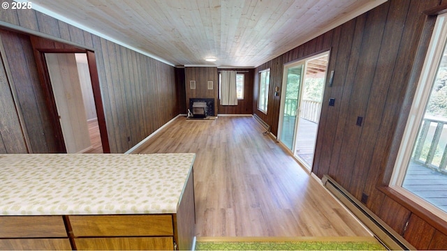 33080 Lupine Way Rd, Gold Beach, OR 97444 - interior space with light wood-style floors, baseboard heating, healthy amount of natural light, a baseboard radiator, and wood walls