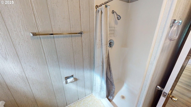 33080 Lupine Way Rd, Gold Beach, OR 97444 - bathroom with a shower stall and wooden walls