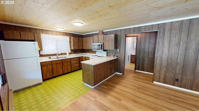 33080 Lupine Way Rd, Gold Beach, OR 97444 - kitchen featuring white appliances, a peninsula, light countertops, wood ceiling, and wooden walls