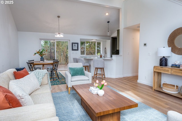 living room with baseboards, lofted ceiling, and wood finished floors