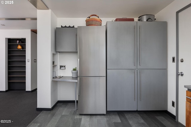 3109 NW Neptune Ave, Lincoln City, OR 97367 - kitchen with freestanding refrigerator, dark wood-style flooring, built in shelves, and gray cabinetry