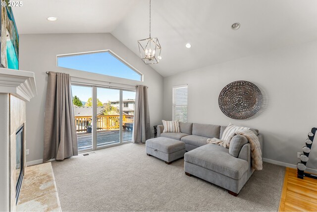 521 Wildcat Canyon Rd, Sutherlin, OR 97479 - living room featuring a chandelier, a fireplace, high vaulted ceiling, baseboards, and recessed lighting