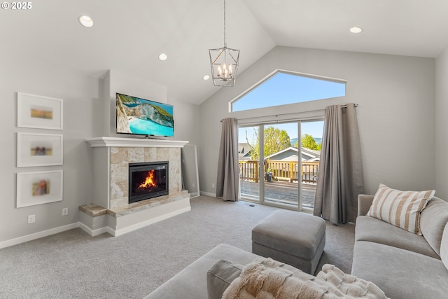 carpeted living room with a chandelier, a fireplace, recessed lighting, baseboards, and high vaulted ceiling