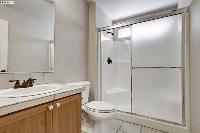 13605 NW Hogan St, Portland, OR 97229 - bathroom with a stall shower, vanity, toilet, tile patterned floors, and a textured ceiling