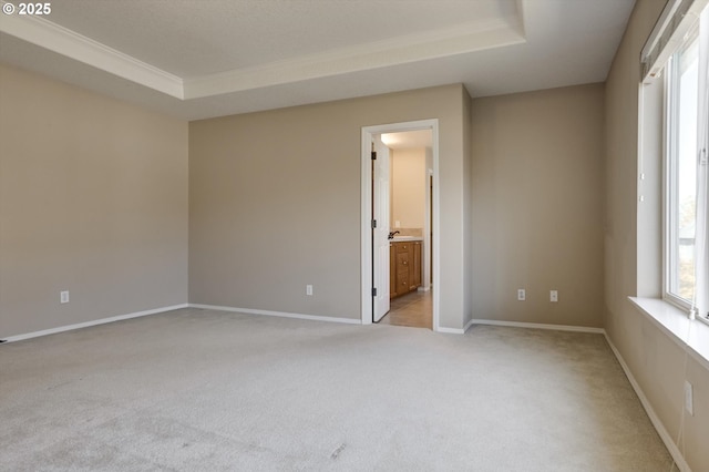 13605 NW Hogan St, Portland, OR 97229 - empty room featuring a tray ceiling, light carpet, crown molding, and baseboards